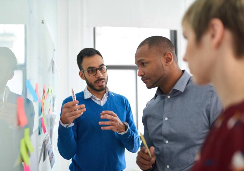 Group of young professionals standing around a whiteboard and brainstorming with sticky notes and markers.