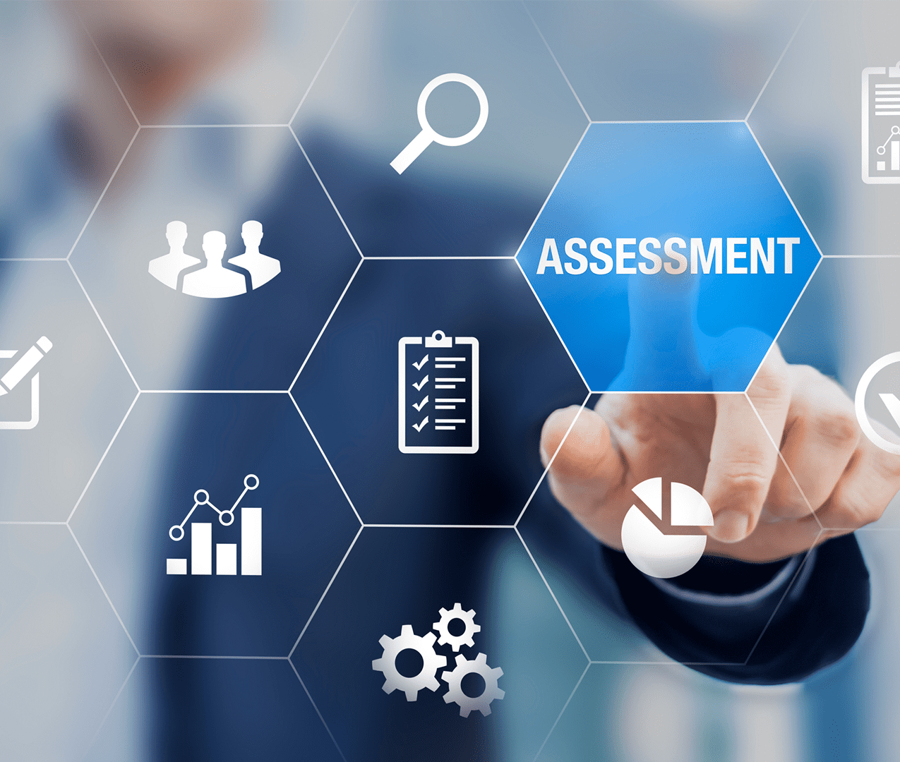 Business man in the background blurred out as he selects from a menu overlaid on the photo the icon for 