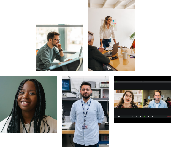 Collage of five images all showing cheerful businesspeople in various settings and roles.