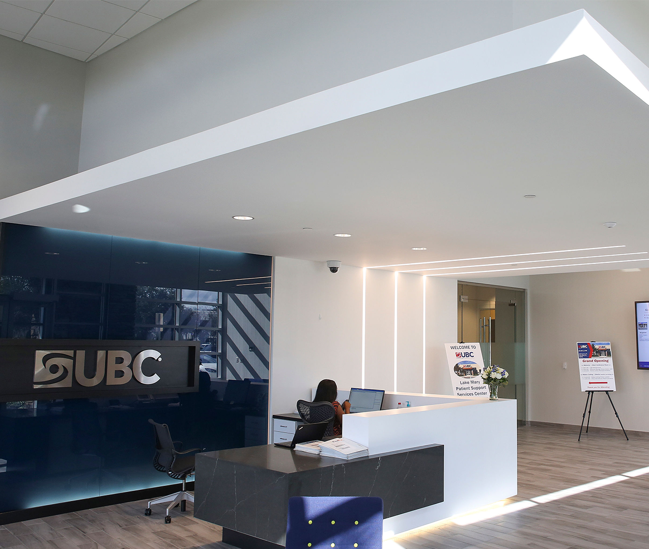 Receptionist works in the lobby of the new UBC building in Lake Mary, Florida