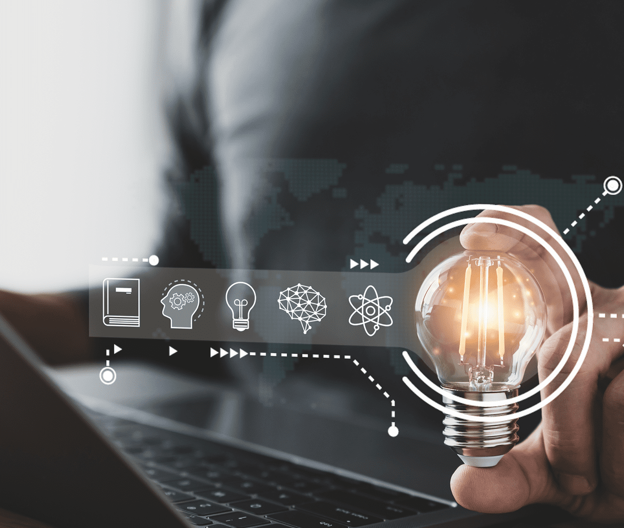 Business man on laptop reaches into a selection menu and grabs the idea icon concept.