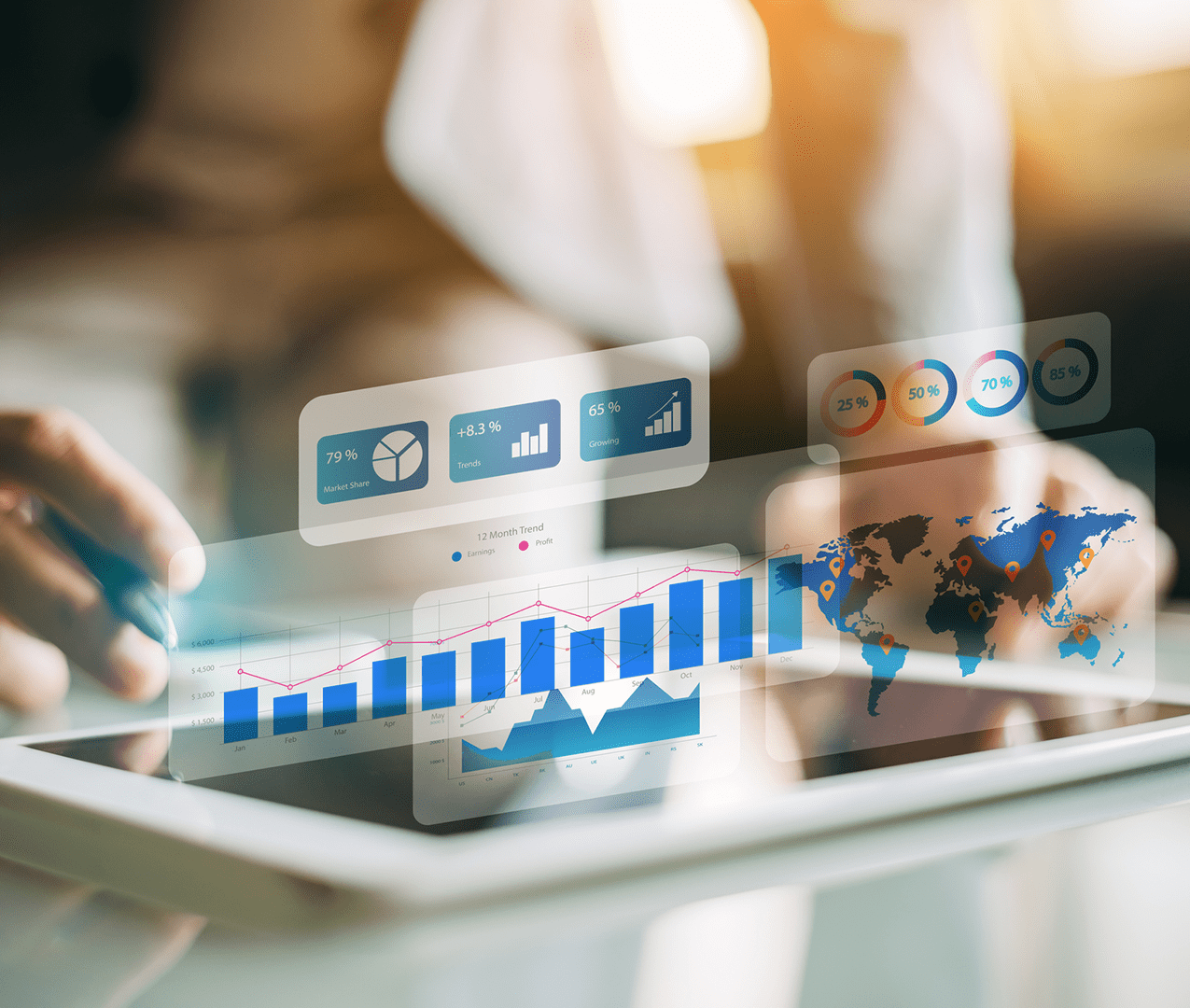 Tablet with KPI metrics, graphs, charts and heatmaps popping out of it as a blurred figure analyzes the data.